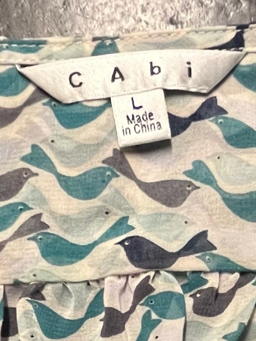 Cabi Turquoise & White Sleeveless Bird Blouse, L - Picture 5 of 7